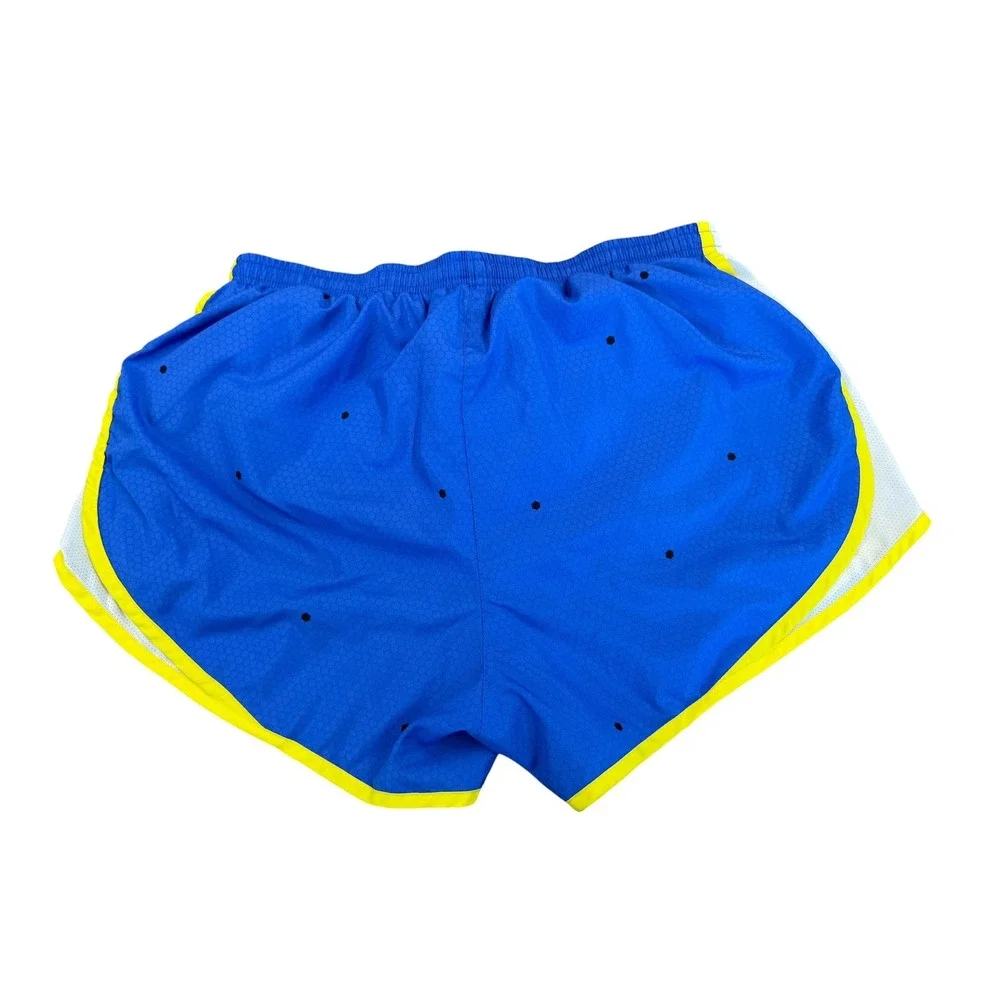 Nike Dri-FIT Blue Honeycomb Running Shorts Yellow Trim Womens Large L Activewear